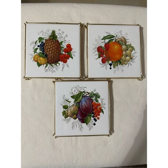 1970 Vintage Fruit Ceramic Tile Framed Artwork Trivets Set of 3 - Picture 1 of 8